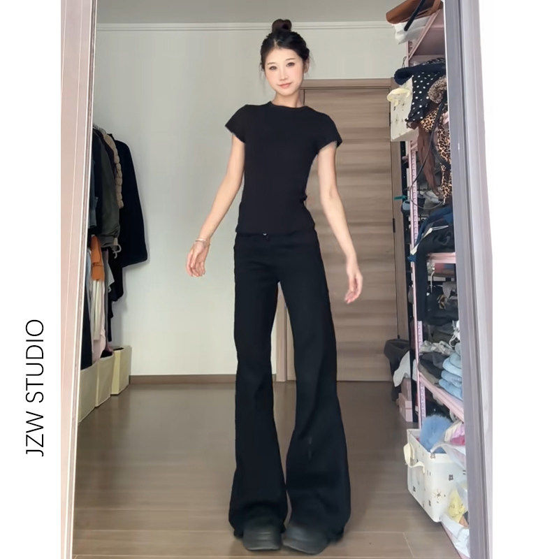 春夏新款美式黑色低腰微喇叭牛仔裤女宽松显瘦小个子拖地马蹄裤子