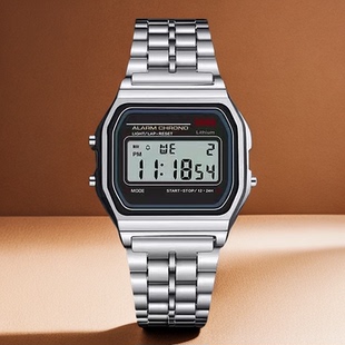 小方块钢带电子表男女款 学生小众复古潮流百搭情侣夜光多功能腕表