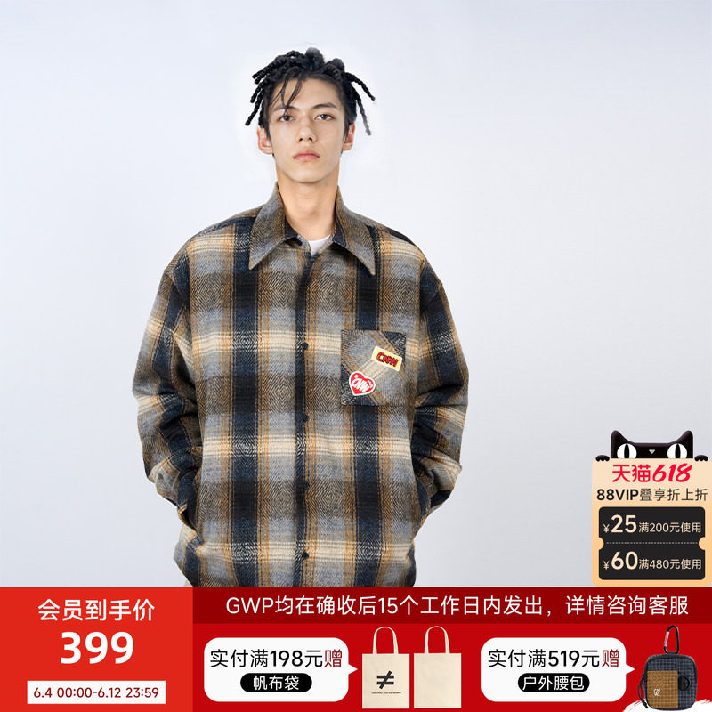 CANOTWAIT 复古渐变格纹长袖衬衫棉服外套秋冬情侣款设计感休闲