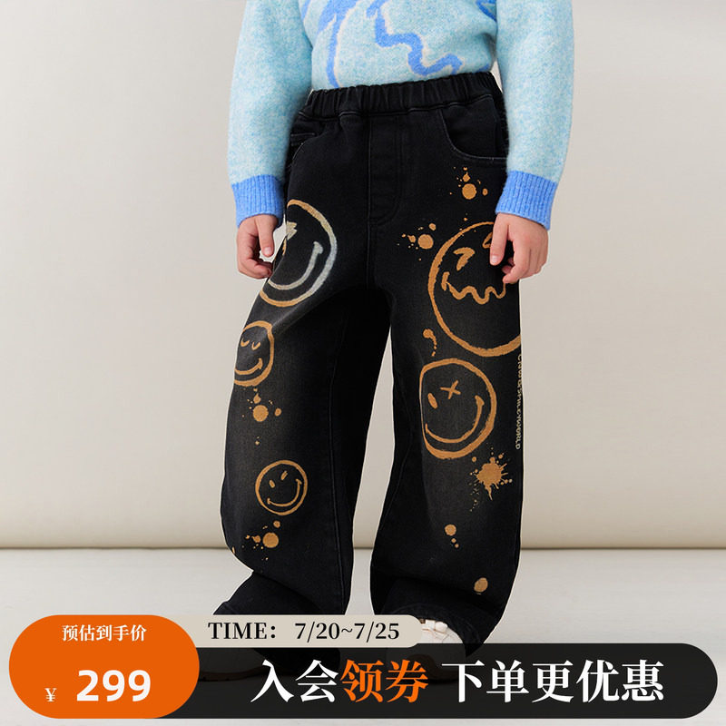 CANOTWAIT SmileyWorld联名儿童印花抓绒牛仔长裤秋冬季宽松百搭