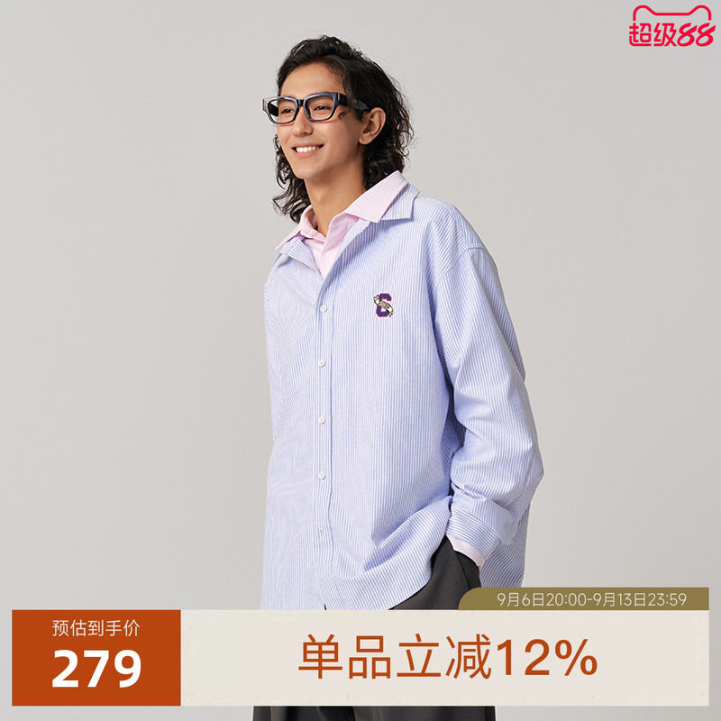 CANOTWAIT ROUND TWO联名字母刺绣条纹长袖衬衫男女秋季休闲百搭