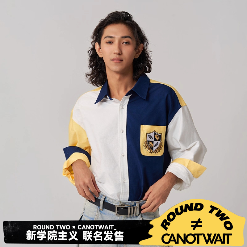 CANOTWAIT 陈伟霆 ROUND TWO口袋刺绣拼色长袖衬衫男女休闲百搭秋