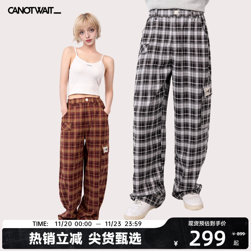 【陈伟霆】CANOTWAIT格纹休闲男士长裤直筒宽松阔腿裤夏美式复古