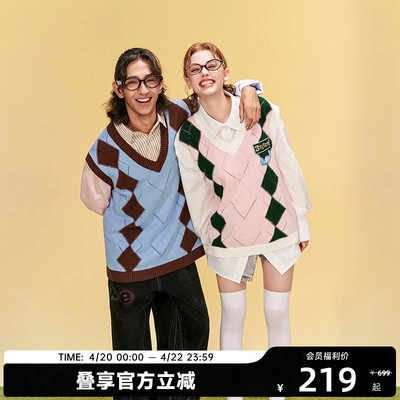 迪士尼联名史迪奇系列格纹毛衣背心秋冬款马甲男女同款情侣款潮流
