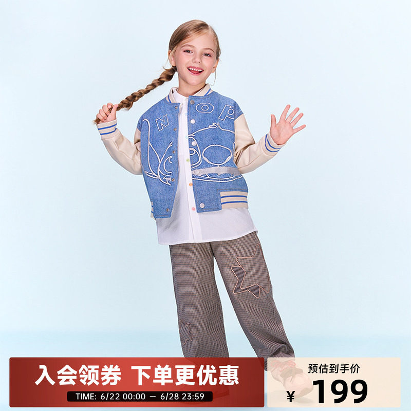 迪士尼联名史迪奇系列儿童立体贴布格纹长裤秋冬季新品柔软舒适潮