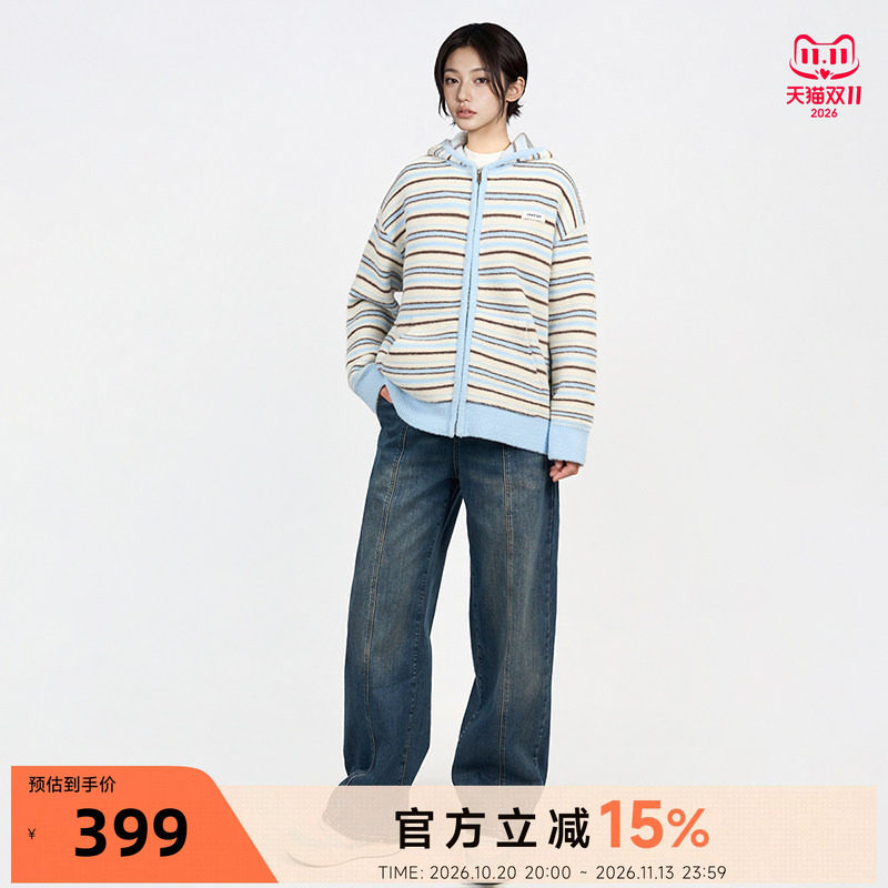 CANOTWAIT 陈伟霆复古做旧感抓绒牛仔长裤潮舒适亲肤立体缝线男女