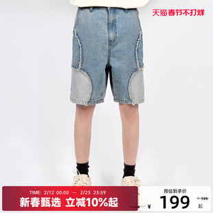 【陈伟霆】CANOTWAIT_BITEYOU拼接牛仔裤夏季短裤休闲宽松男女款