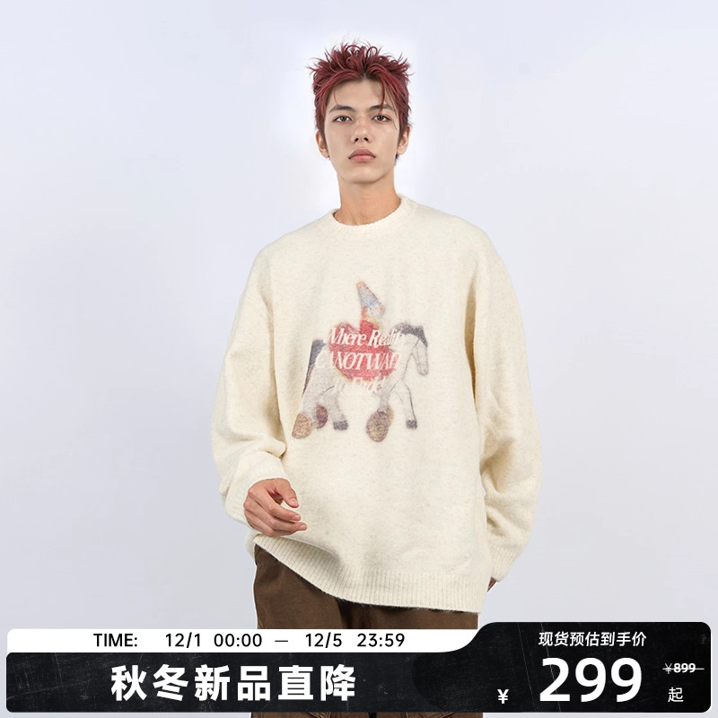 陈伟霆CANOTWAIT梦游童话小马印花套头毛衣秋冬季圆领针织男女