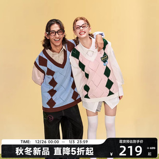 潮流 情侣款 迪士尼联名史迪奇系列格纹毛衣背心秋冬款 马甲男女同款