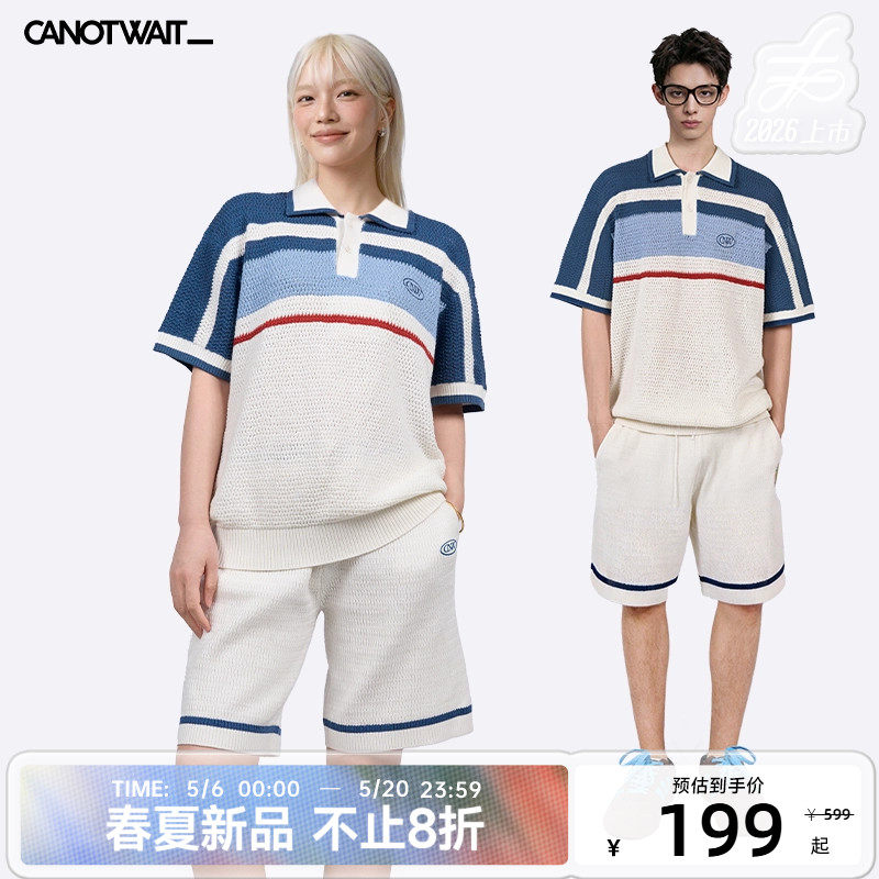 陈伟霆套装CANOTWAIT_复古休闲POLO翻领针织短袖抽绳短裤夏季全棉