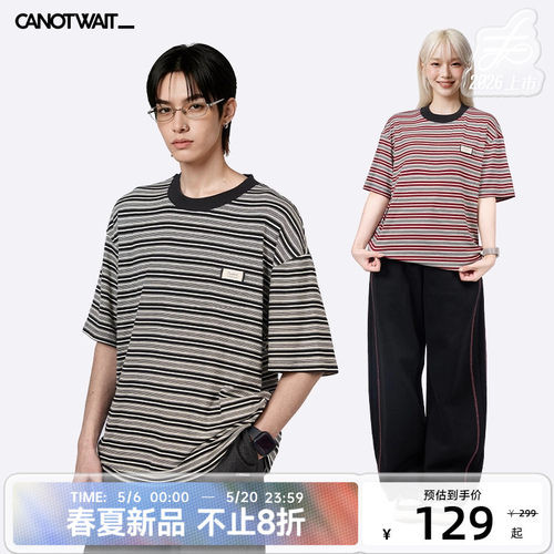 陈伟霆同款短袖CANOTWAIT_撞色领条纹圆领短袖T恤夏男女休闲复古