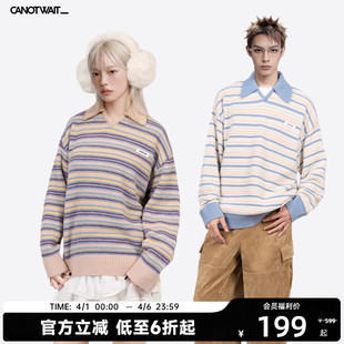 CANOTWAIT陈伟霆拼色条纹POLO领套头毛衣慵懒针织衫 秋冬男女新品