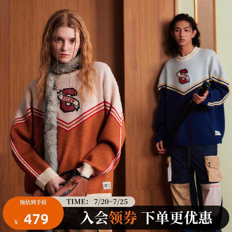 CANOTWAIT 陈伟霆 ROUND TWO联名美式复古拼色套头毛衣休闲百搭