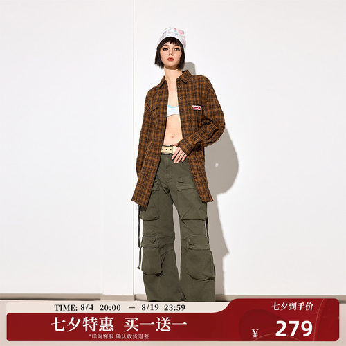 【买1送1】【陈伟霆】CANOTWAIT美式复古翻领格纹长袖衬衫连衣裙