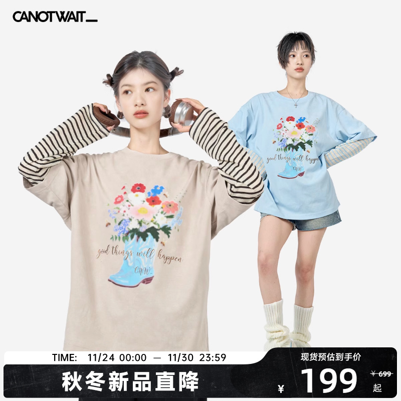 陈伟霆 CANOTWAIT花卉印花假两件长袖T恤男女秋冬外穿基础上衣