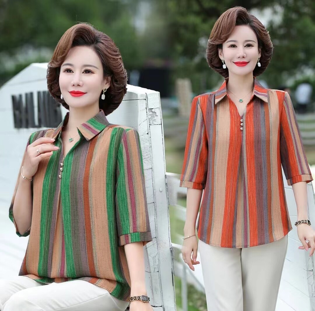 妈妈夏装新款衬衣宽松显瘦条纹上衣中袖短款打底衬衫春夏薄款t恤