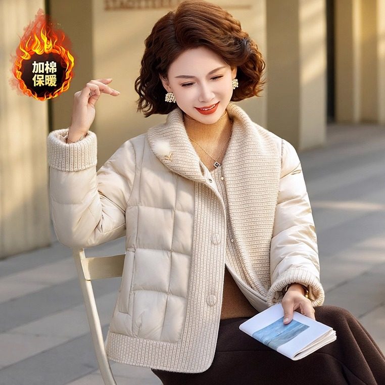 2025新款妈妈冬装针织拼接围巾领棉服女中老年人加厚保暖棉袄外套