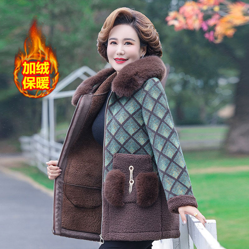 中年妈妈装水貂绒外套中老年女士颗粒绒拼接大衣宽松格子加绒棉衣