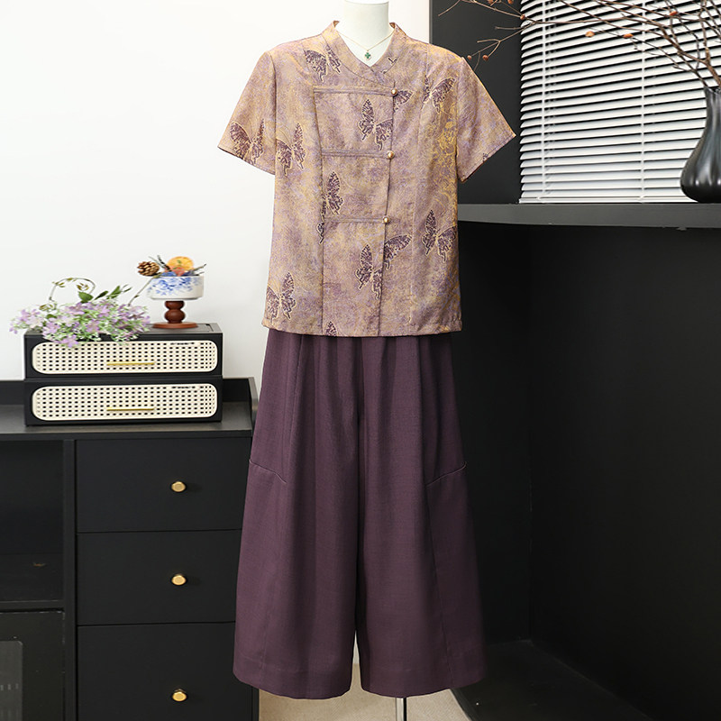 妈妈装夏季国风套装中年短袖上衣中老年人新中式提花女裤裙两件套
