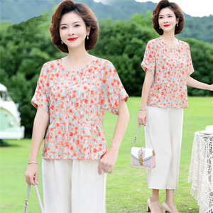 妈妈夏装小衫洋气高贵套装中老年女碎花T恤阔太太上衣短袖两件套