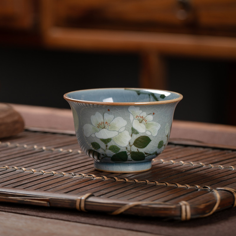 景德镇老陶泥复古茶杯主人杯手绘月光茶花品茗杯内外画青花釉下彩