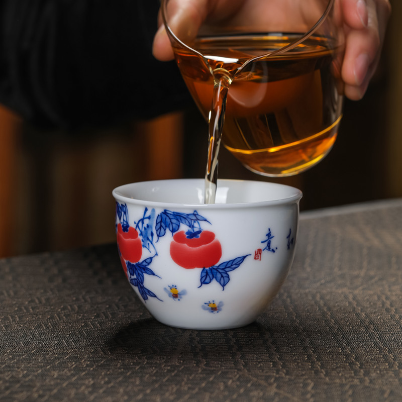 手绘柿子功夫茶杯景德镇高岭土陶瓷缸杯釉下彩事事如意主人杯茶具