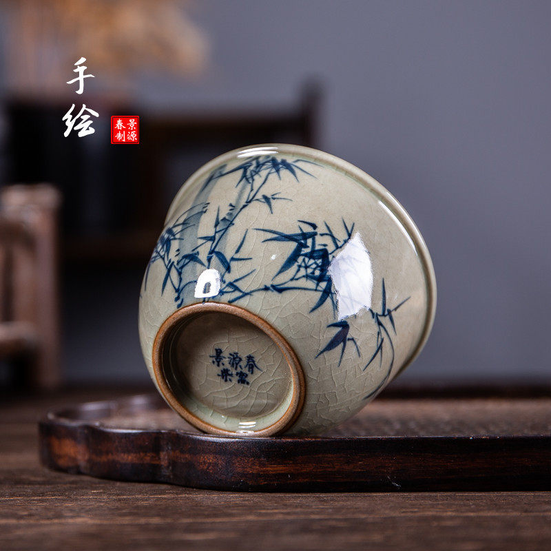 景德镇釉下青花写意茶杯手绘竹子柴窑陶泥开片茶具手工主人杯缸杯