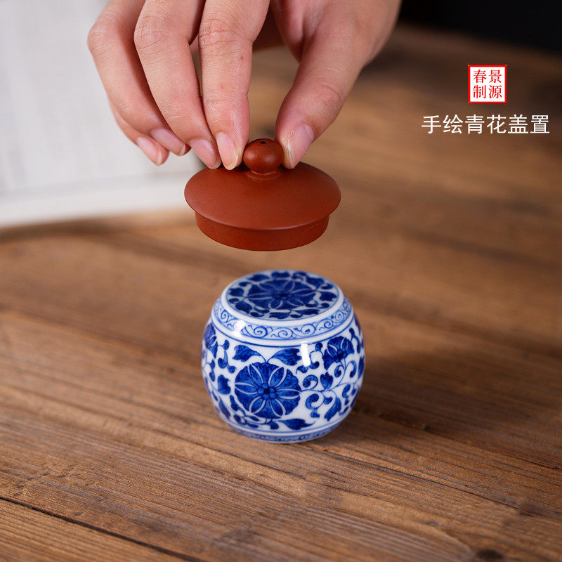 景德镇手绘青花陶瓷盖置缠枝莲纹寿桃冰梅蝴蝶茶置实心鼓形壶盖托