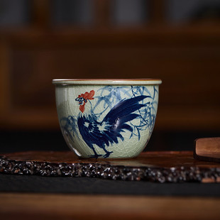 老陶泥柴窑茶杯手绘青花复古主人杯开片可养大号陶瓷鸡缸杯釉下彩