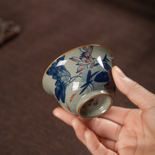 老泥青花手绘荷花品茗杯主人陶瓷单杯写意画茶杯铃铛杯客人杯茶具