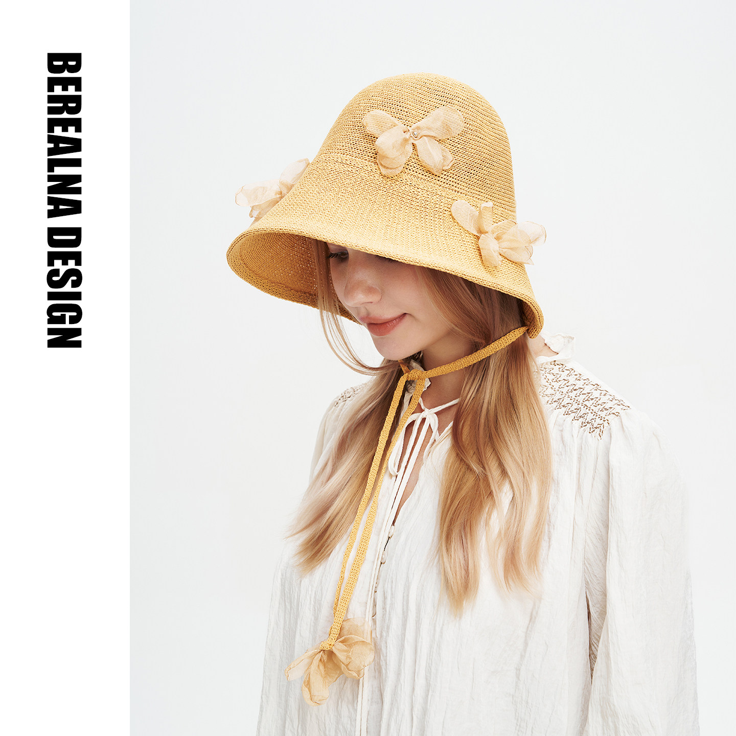 berealna26夏季手工花朵波奈特帽 复古大檐超轻女帽 折叠遮阳帽
