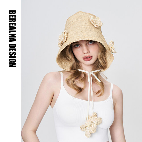 拉菲草立体花朵复古baby草帽