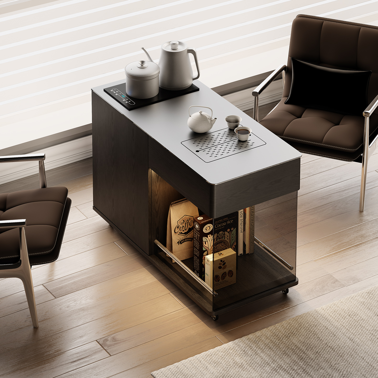 304不锈钢上下水茶水边柜带彩灯