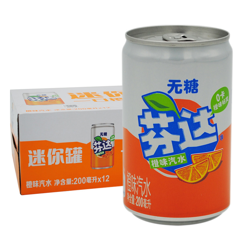 可口可乐 mini 迷你无糖零卡芬达橙味汽水200ml*12罐装 整箱