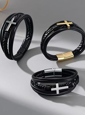 跨境热卖欧美十字架皮革手链男士多层手工编织绳磁铁扣真皮手镯