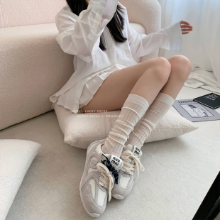 袜子女纯色中筒袜薄款 透气jk堆堆袜纯棉运动外穿长筒袜日系小腿袜