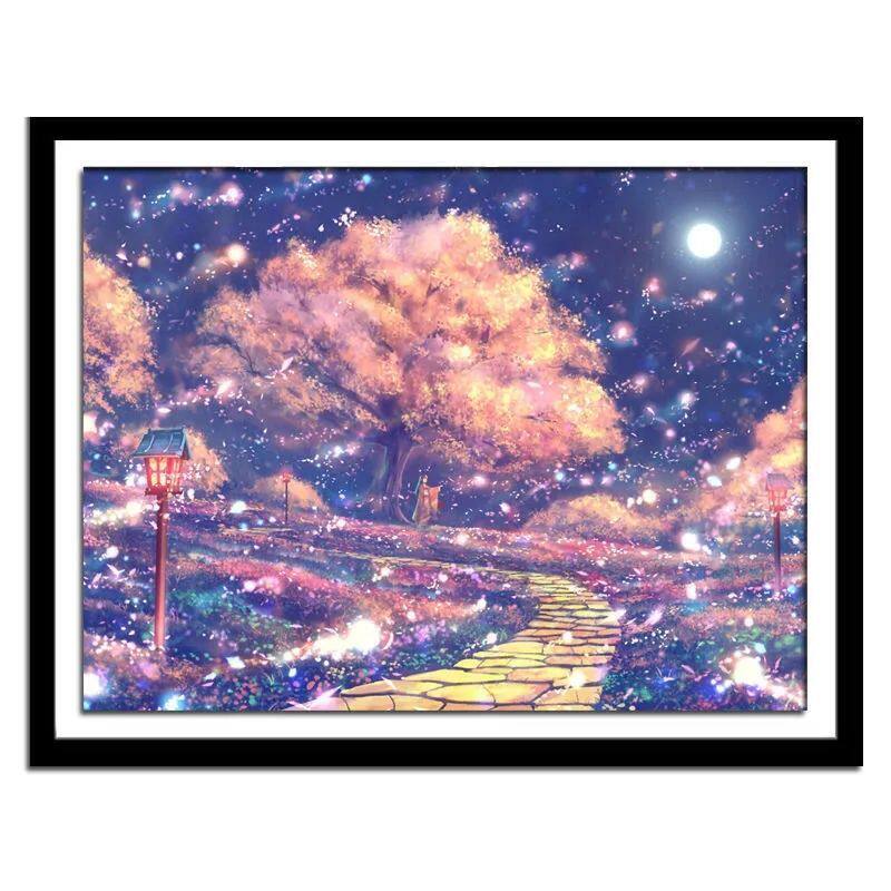 新款钻石画满钻梦幻星空唯美风景樱花树diy手工点钻十字绣
