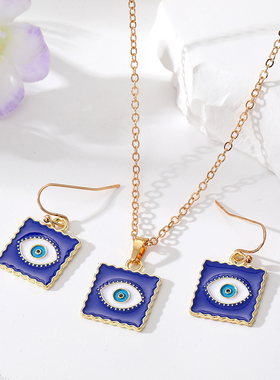 Enamel Square Blue Evil Eye Necklace For Women Gift Simple