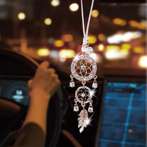 Diamond-encrusted flower shape dreamcatcher car pendant,