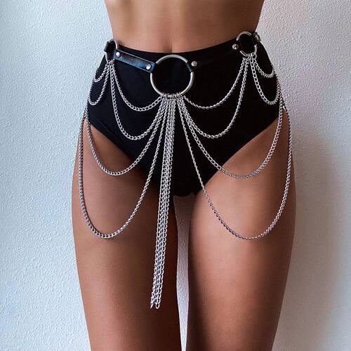 Layered Leather Belt With Chains Body Harness Waist Goth