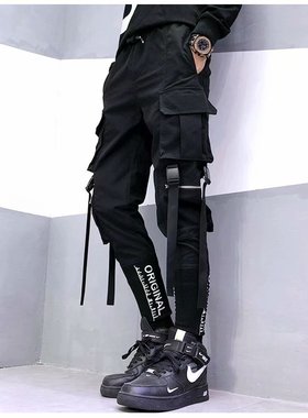 men's overalls streamer trousers工装裤飘带束脚长裤宽松哈伦裤