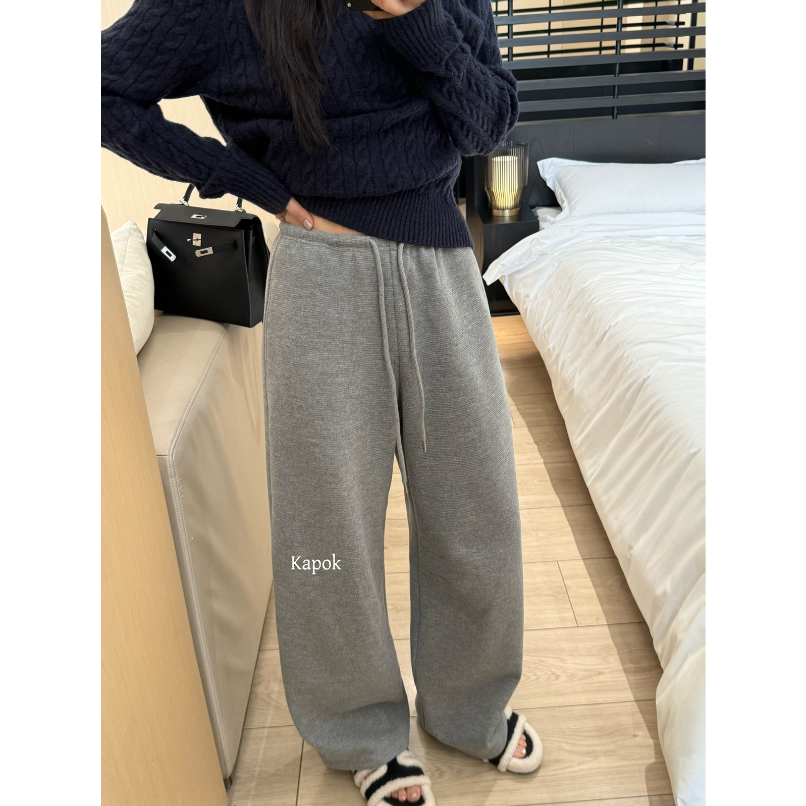KAPOK-加厚加绒松紧腰抽绳百搭直筒长裤休闲裤(3.8绵羊毛)35039