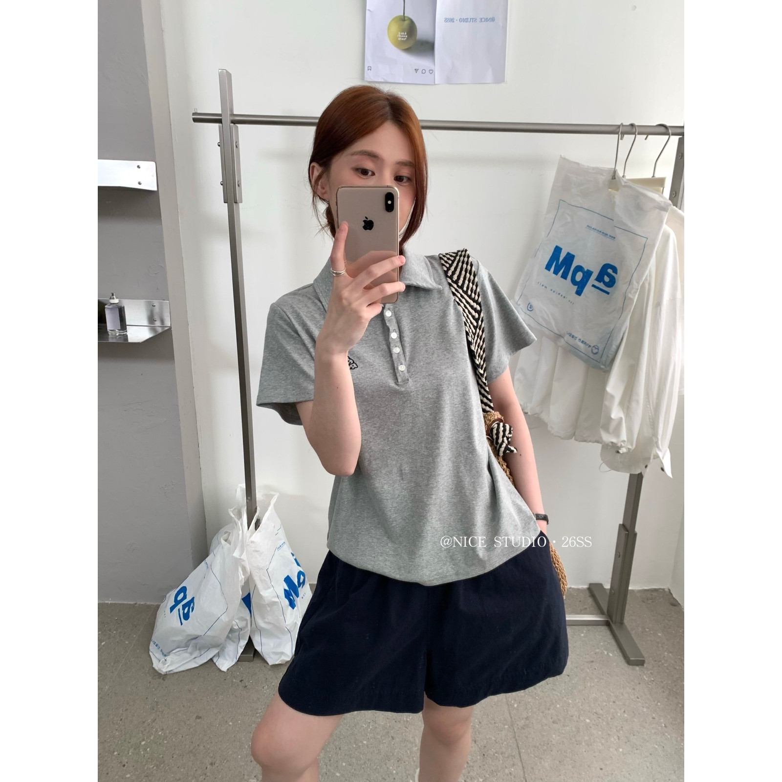 奶思家NICE STUDIO-2026夏上新简约刺绣Polo领纯色短袖T恤女L8856