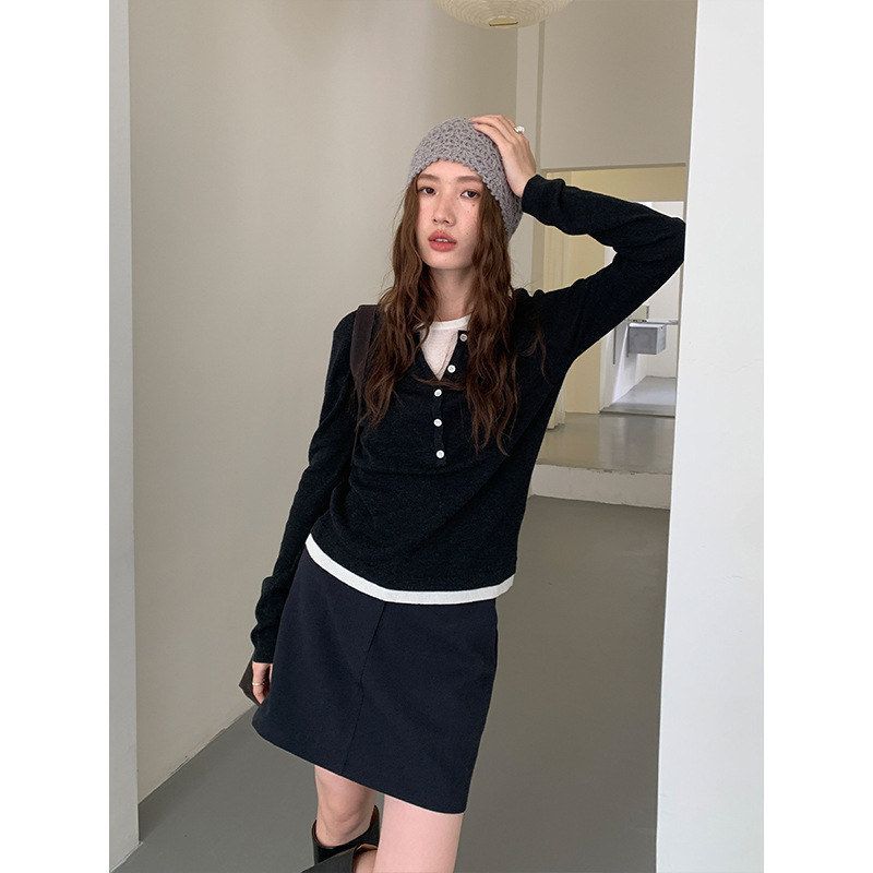 THE MIND羊毛撞色假两件长袖针织衫女2025秋冬韩版简约毛衣T5560Q