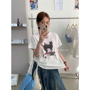 韩系卡通猫咪宽松百搭短袖 2026夏季 T恤女1227 STUDIO 奶思家NICE