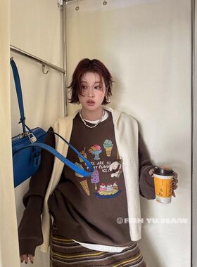 十三行【FISH YU】冬季新款韩版印花可拆卸立体娃娃别针卫衣25776