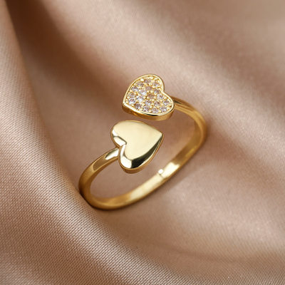 Zircon Double Heart Rings For Women Crystal Stainless Steel