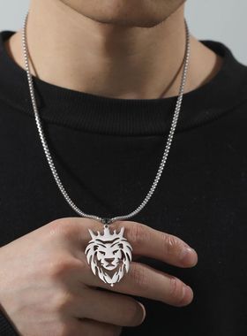 Stainless Steel Lion With King Crown Necklaces Animal