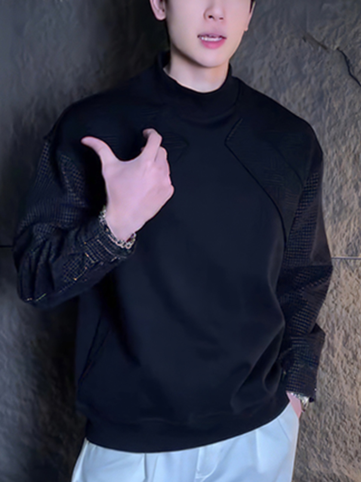 2025秋冬新款圆领拼接设计卫衣时尚潮牌百搭休闲宽松套头男士上衣