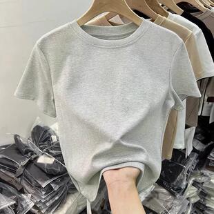 正肩短袖t恤女装纯棉修身显瘦体恤2025夏季新款美式复古小众上衣